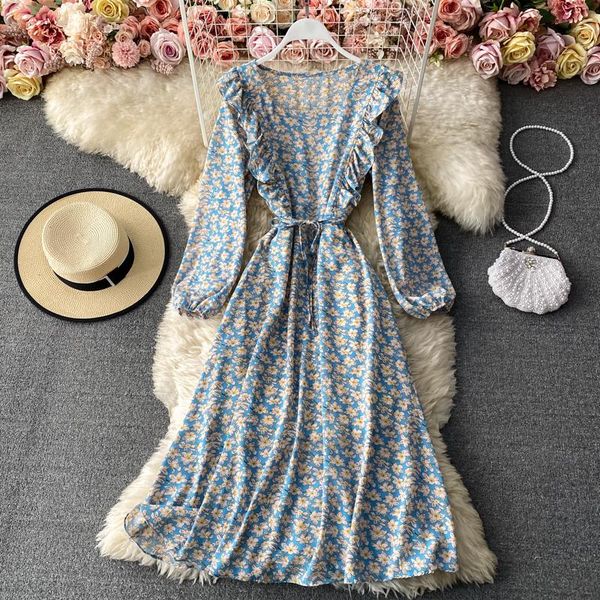 

spring new french platycodon skirt with round neck and waist, large swing, medium and long printed chiffon floral dress with, Black;gray