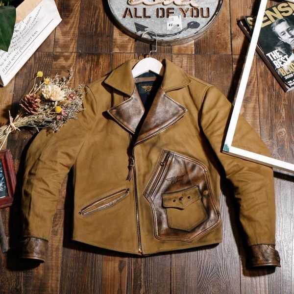 

men's leather & faux american retro heavy oil wax canvas splicing shading cowhide lapel suspension motorcycle jacket, Black