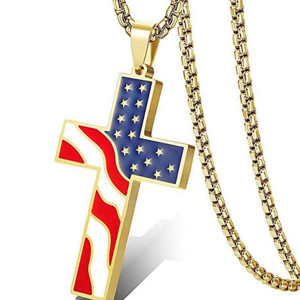 

pendant necklaces fashion american flag cross dripping oil usa hip-hop style long necklace for men and women jewelry gift wholesale, Silver