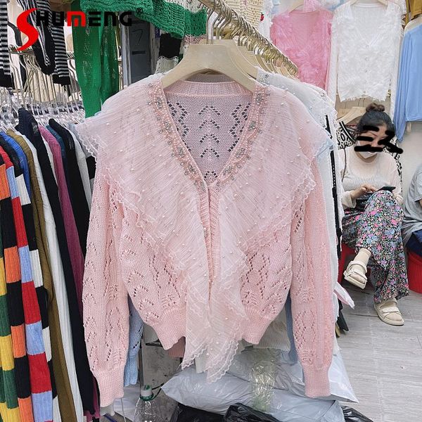 

women's knits & tees 2021 spring fall ladies sweet beads diamond lace v-neck patchwork sweater fashion korean style knitted cardigan to, White