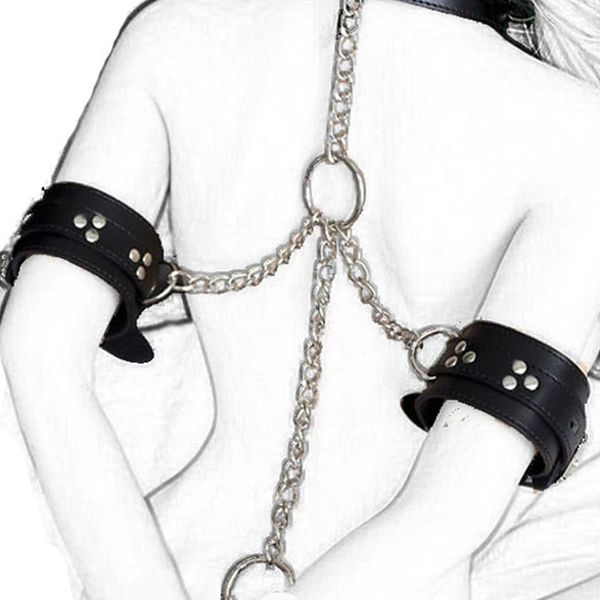 

camatech fetish neck collar to hand restraint wrist arms cuffs with chain pu leather body bondage restraints slave games