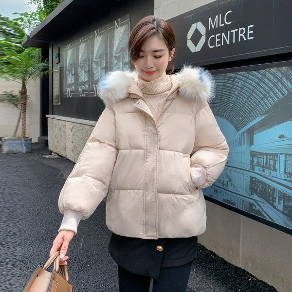 

2021 Winter Women New Korean Big Fur Collar Coat Women's Down Jacket Short Parkas Quilted Coats Outerwear Clothing Candy Color Xvo6, Black