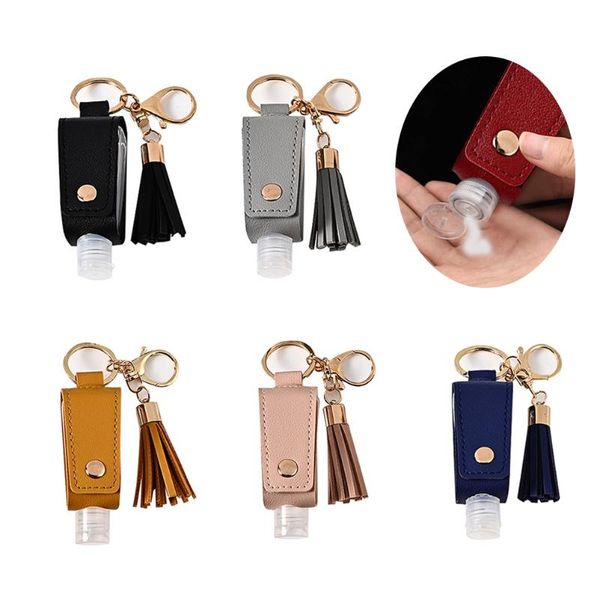 

keychains 3 in 1 pu leather car keychain anti-lost key rings cover with 30ml liquid soap bottling travel bottle for women men, Silver