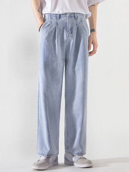 

men light wash plicated detail straight leg jeans a6ps#, Blue