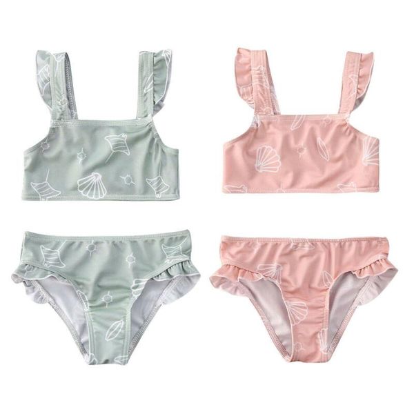 

one-pieces 2021 children kids baby girl swimsuits two-piece printed swimwear bikini ruffle strap crop shorts beachwear, Black