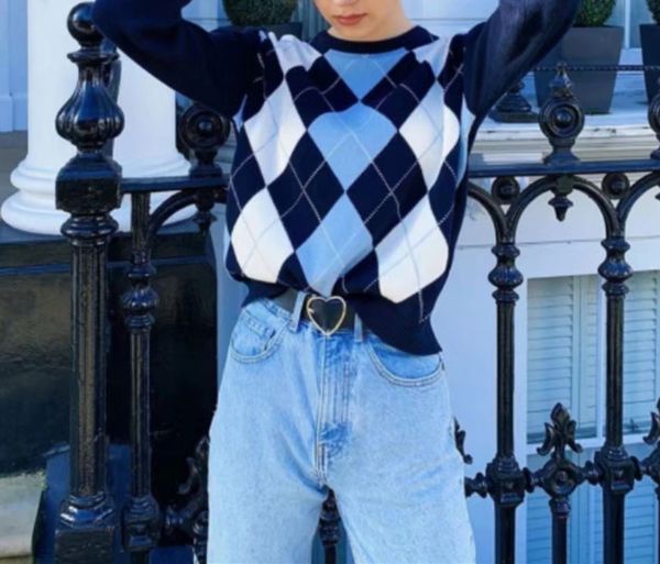 

90s streetwear navy check argyle plaid knitted sweater pullovers female knitwear preppy style y2k clothes o neck casual jumpers, White;black