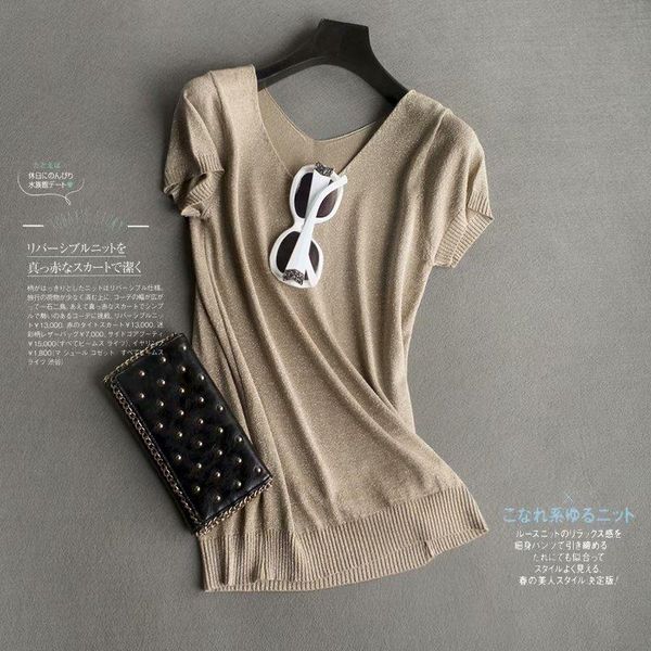 

women's t-shirt thin silk knitwear v-neck summer short sleeve, White