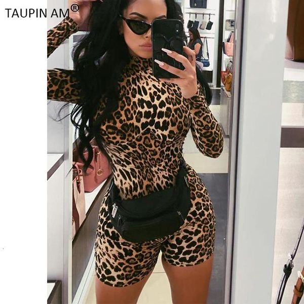 

women's jumpsuits & rompers 2021 women fitness playsuits long sleeve turtleneck leopard print womens jumpsuit push up body casual bodys, Black;white
