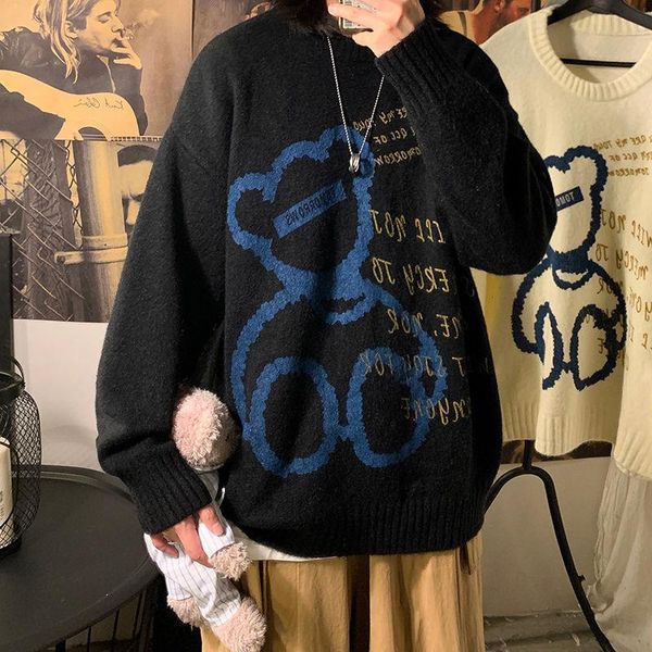 

men's sweaters pr oversize printing sweater men 2021 autumn winter hong kong style loose and casual streetwear o-neck knitted, White;black