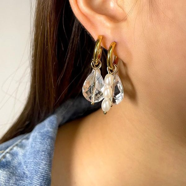 

hoop & huggie white crystal pearls pendant stainless steel earrings for women rice beads golden small round circle earring boho jewelry, Golden;silver