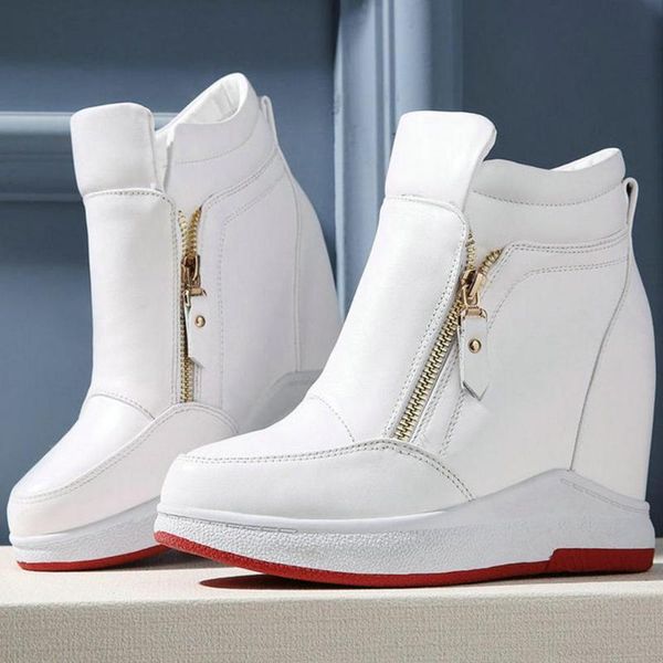 

boots fashion sneakers women genuine leather wedges high heel ankle female round toe platform oxfords shoes pumps, Black