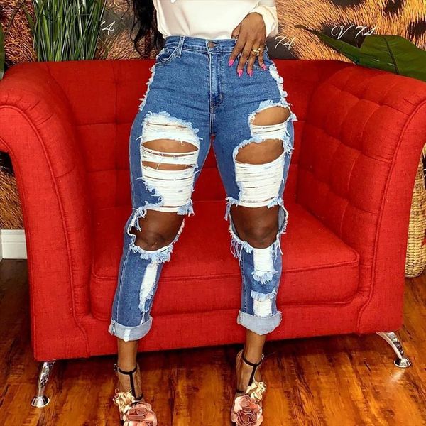 

plus size s 5xl fashion women jean pants hole pencil trouser high waist bottom zipper summer, Blue