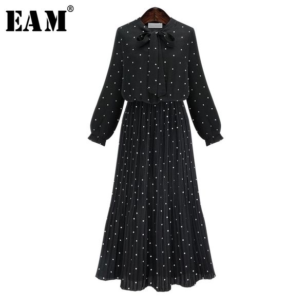 

[eam] 2021 new spring round neck long sleeve solid black chiffon dot loose big size dress women fashion tide ja23601m 210303, Black;gray