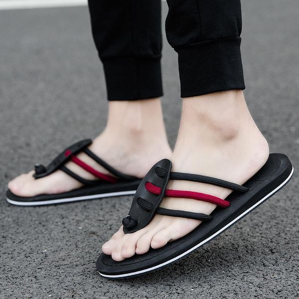 

slippers quality flip flops men designers brand beach 2021 summer sandals casual anti travel rope handmade male toe, Black