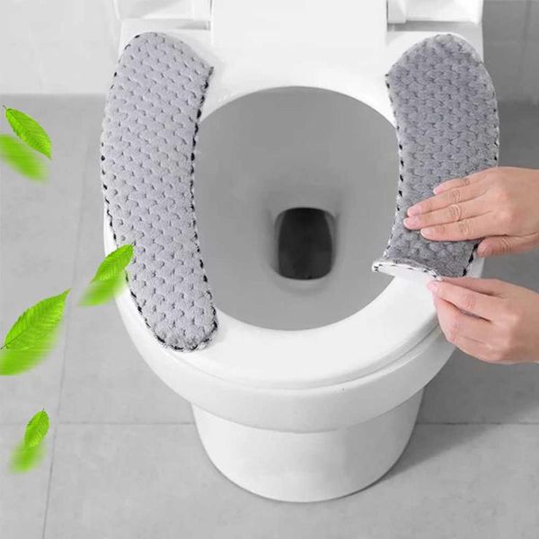 

2 pcs warm self adhesive soft thick cute non slip bathroom household reusable toilet seat cushion winter plush washable