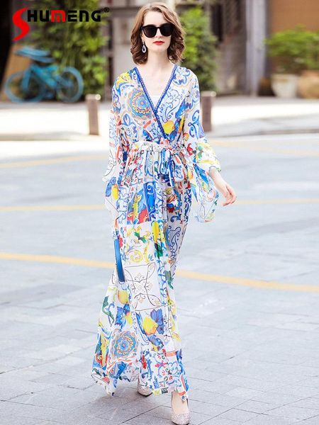 

casual dresses v neck large swing printed long dress for women 2021 summer street blue european lace v-neck elastic slim waist female, Black;gray