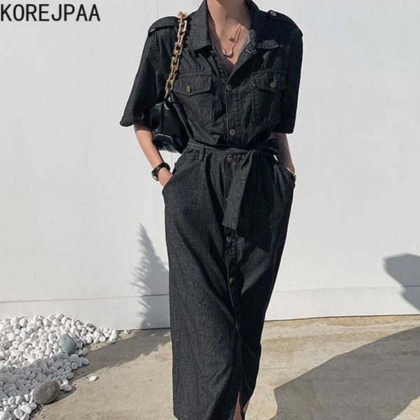 Korejpaa Frauen Kleid Sommer Korean Chic Retro Temperament Rips Einreihige Schnalle Krawatte mit Taille-High Pocket Denim Vestido 210526