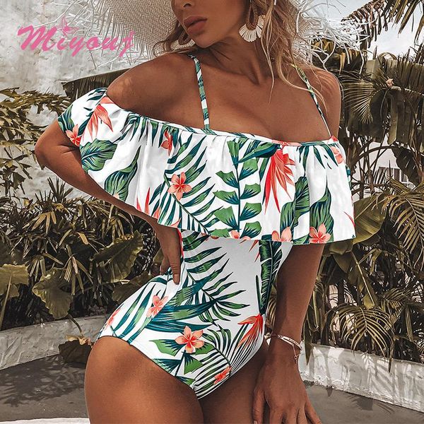 

bandeau swimsuit ruffles bathing suit plant print women swimwear bodysui 2021 high waist one piece suits micro beachwear