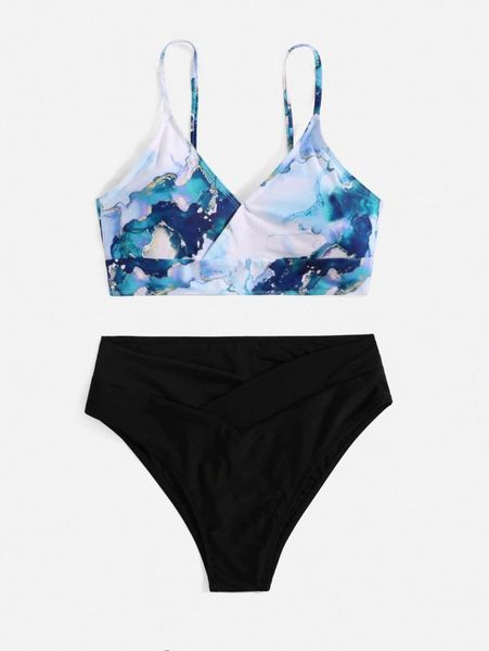 

marble print high waisted bikini swimsuit d0ty#, White;black