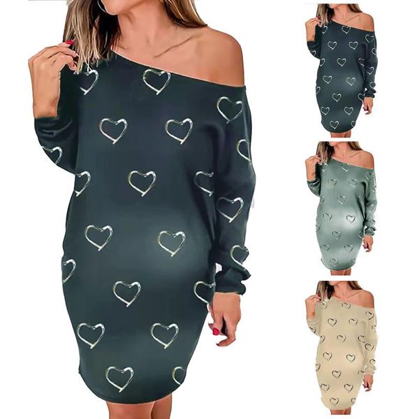 

casual dresses womens love print dress autumn fashion o neck long sleeve loose female daily midi falda de manga larga, Black;gray