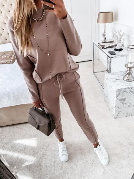 

women's two piece pants casual sport suit for women 2021 autumn winter fashion long sleeve sets elastic high waist pocket trousers two-, White