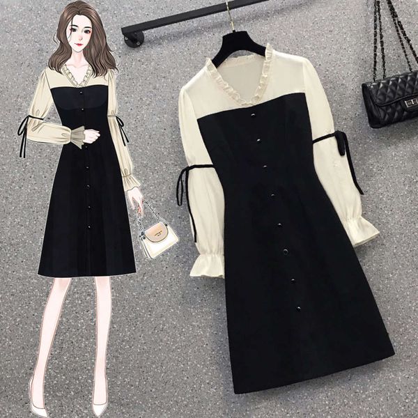 

new large women's in spring of 2021 fat sister french hepburn style dress, Black;gray