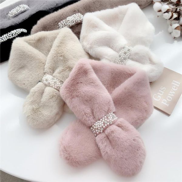 

scarves winter cute girl soft warm imitation fur collar scarfs with pearl neck warmers scarf for women christmas gift, Blue;gray