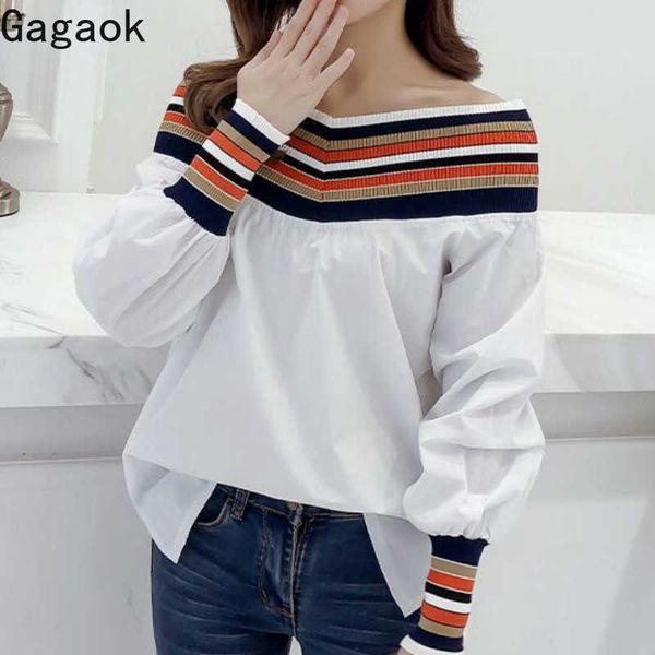 

women streetwear t-shirt spring autumn slash neck lantern sleeve striped full loose wild female fashion pullover 210531, White