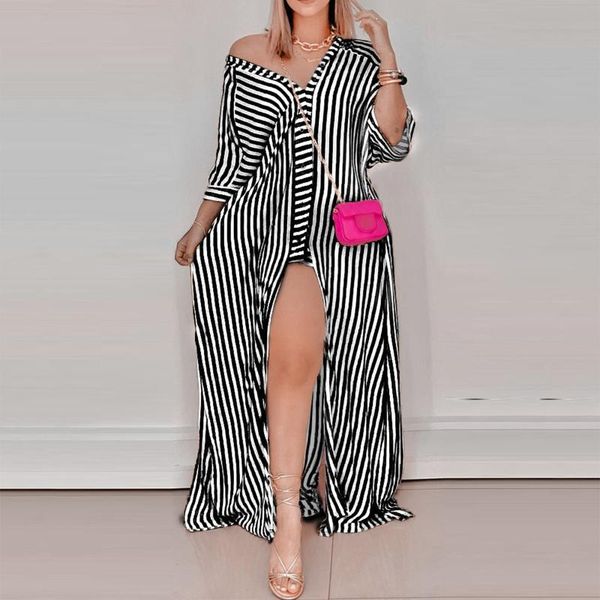 

casual dresses womens dress striped print v-neck lacing slim body wrap hips shirt split long elegant plus size office lady, Black;gray