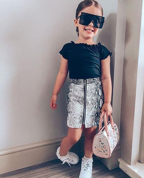 

1-6y baby girl's clothing set short sleeve ribbed and snakeskin print skirt two-piece suit for vacation birthday party, White