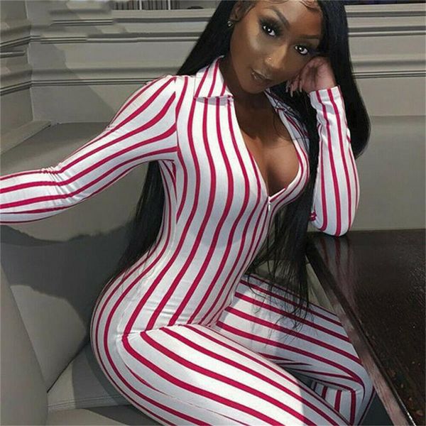 

women's jumpsuits & rompers fashion women stripe long sleeve jumpsuit summer clubwear casual romper v neck playsuit, Black;white
