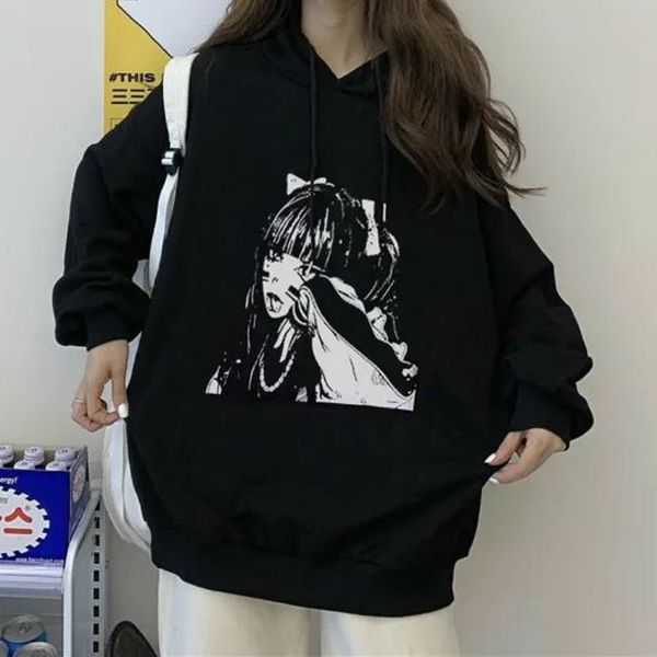 

2021 new deeptown gothic moletom estilo coreano outono inverno impresso hoodies manga comprida streetwear hip hop algodo hoodie feminino yen, Black