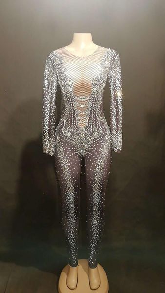 

women's jumpsuits & rompers nightclub singer jumpsuit stage performance dance sparkly crystals bodysuit long sleeves birthday celebrate, Black;white