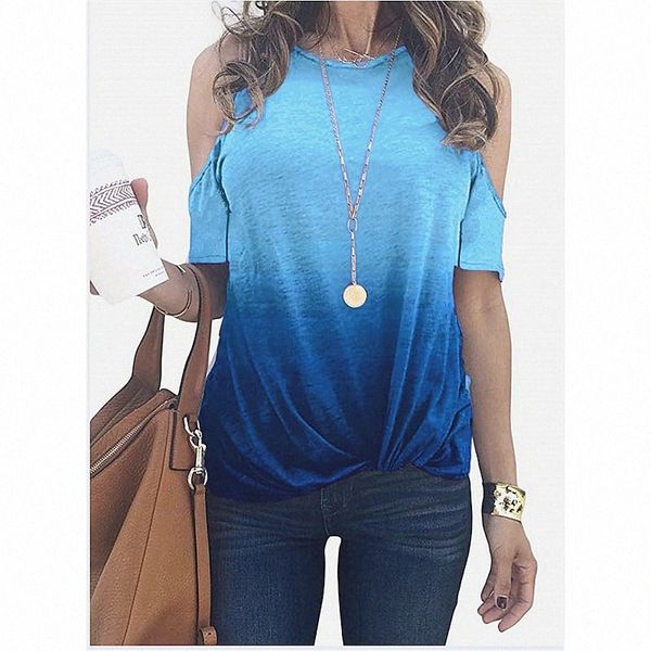 

women's t shirt color gradient cut out cold shoulder round neck basic green blue gray t65s#, White
