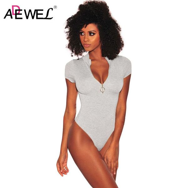 

adewel 2021 summer black/grey short sleeve zipper bodysuit woman female body clothes casual basic bodycon romper bodysuits, Black;white