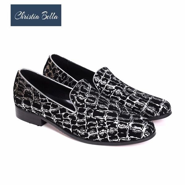 

dress shoes christia bella fashion printing men genuine leather italian party banquet slip on casual flats, Black
