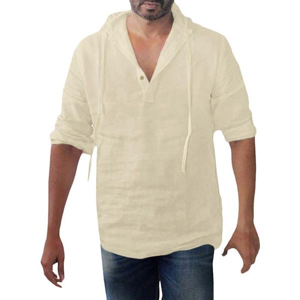 

men's casual shirts cotton and linen shirtÂ 2021 summer baggy solid button plus size long sleeve hooded blouse, White;black