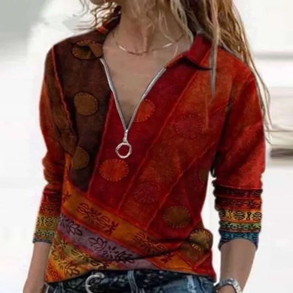 

women's t-shirt spring autumn fashion zipper v-neck vintage printed casual long sleeve shirt loose thin lady oversized, White