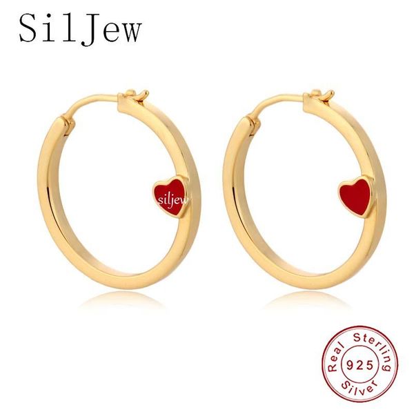 

hoop & huggie siljew 925 sterling silver gold 18mm circle hoops women fashion heart enamel special red fine jewelry big jewels, Golden;silver