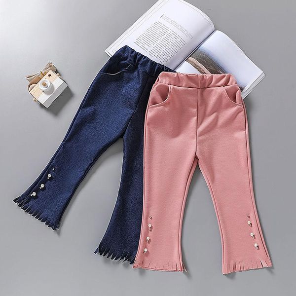 

trousers pearls girl flare pants spring autumn 2021 elastic slim ankle length kids children clothing, Blue