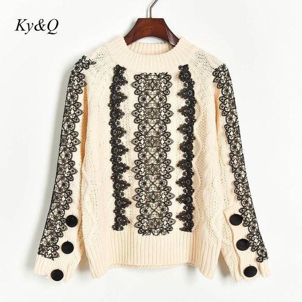 

brand designer christmas 2019 winter twist lace patchwork knit sweater pullover female o-neck luxury elegant jumper clothes1, White;black
