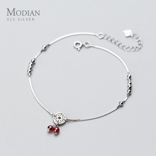 

modian garnet coin light beads anklet for women fashion sterling silver 925 link chain adjustable anklet fine jewelry 2020 new f1219, Red;blue