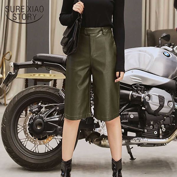 Autunno Primavera Donna PU Pelle Corto Plus Size Stile britannico Vita alta Motore Moda Pantaloni Tuta casual Streetwear 210527