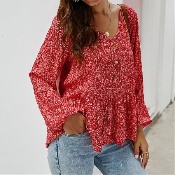 

floral printed sweet girls blouse 2021 bohemian women long sleeve v neck buttons shirts summer autumn peplum blusas g1693, White
