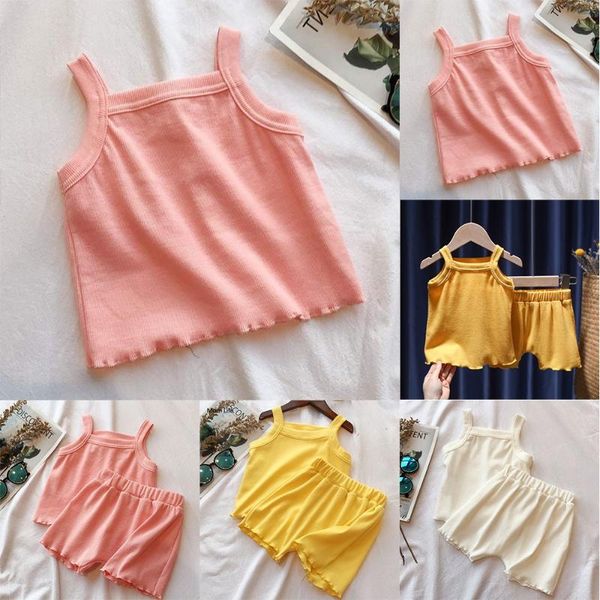 

clothing sets kids girls summer two piece outfits solid color sleeveless tank shorts set casual sleepwear pajamas, White
