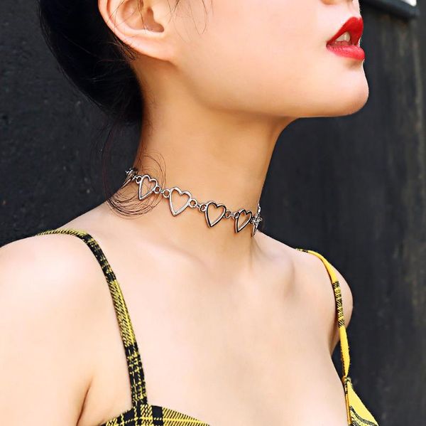 

chains kpop harajuku goth metal hollow peach heart neck choker necklaces for women egirl party aesthetic accessories jewelry, Silver