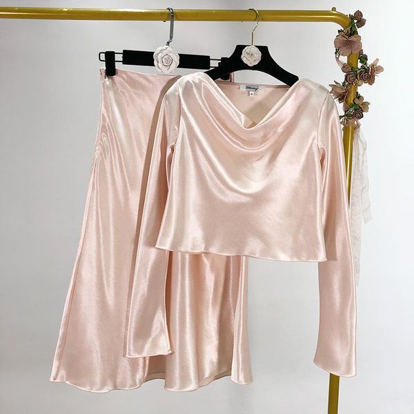 

two piece dress 2021 spring satin bright texture + high waist skirt two-piece suit, White