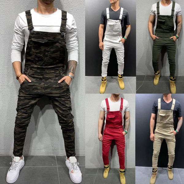 

men's pants mens multi pocket overall jeans male jumpsuit streetwear suspender, Black