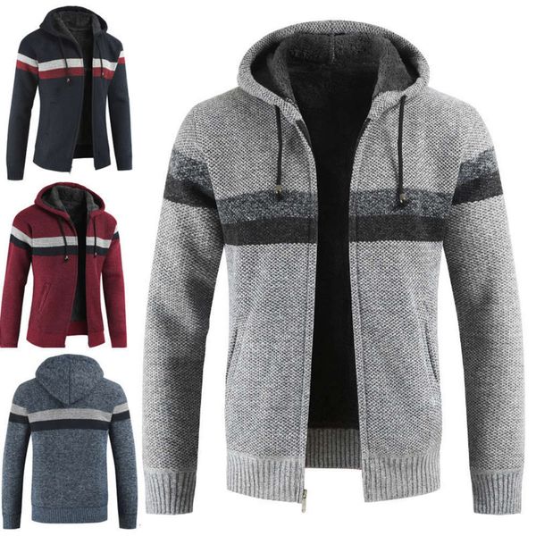 

20212020 new cardigan stripe plush thickened hooded men's jacket trendy sweater, White;black