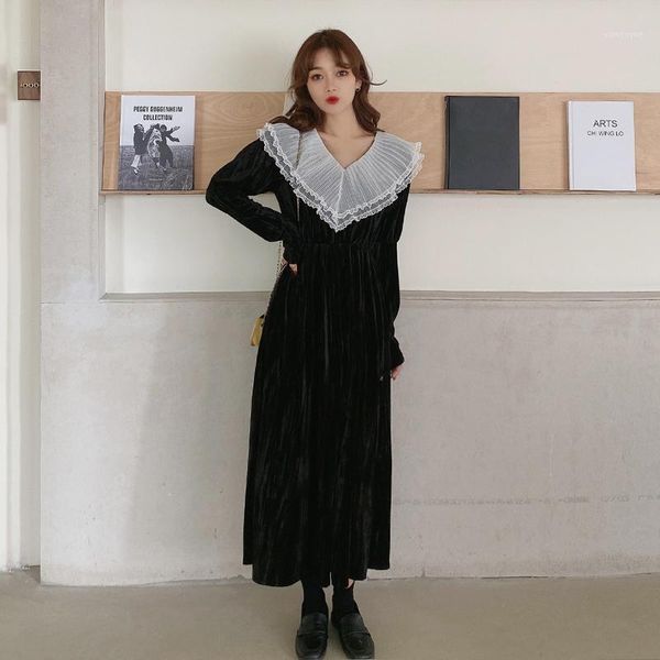 

casual dresses robe longue vintage long dress party fashion brand sleeve spring fall maxi for women ruffles luxury lace up, Black;gray